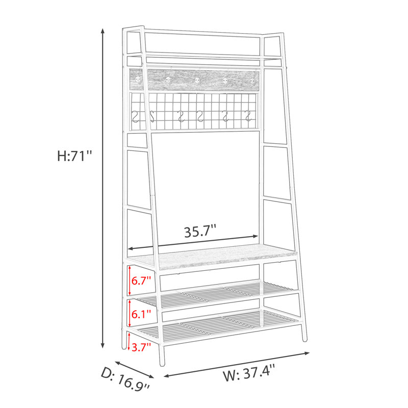 17 Stories 37.4'' Wide Iron Hall Tree with Bench and Shoe Storage